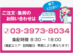 白洗舎へのご注文・集荷のお問い合わせは、03-3973-8034　集荷時間　8:30-18:00（集配エリア・訪問曜日・季節により異なります）